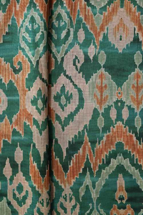 Green And Cream Ikat Pattern Digital Print On Mulberry Silk Fabric