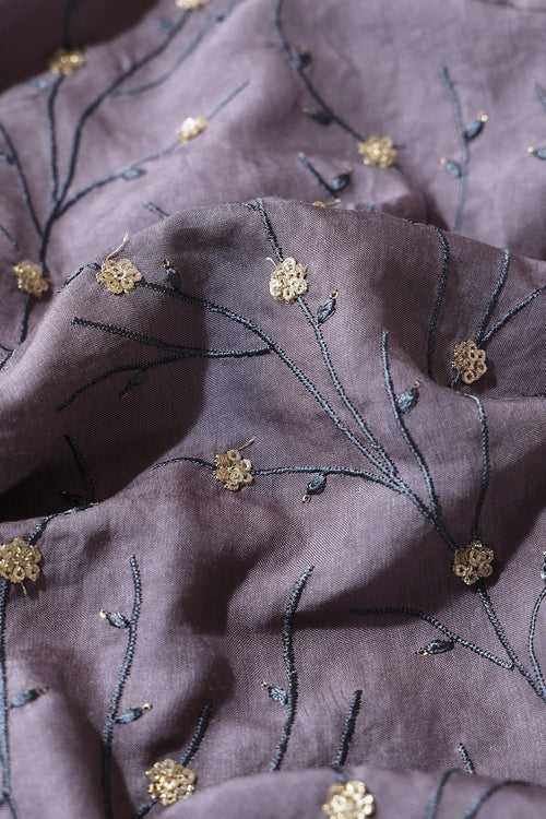 Grey Thread With Gold Sequins Beautiful Floral Embroidery On Grey Muslin Silk Fabric