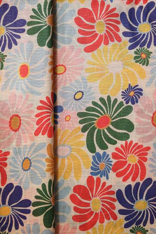 Multi Color Floral Pattern Digital Print On Mulberry Silk Fabric