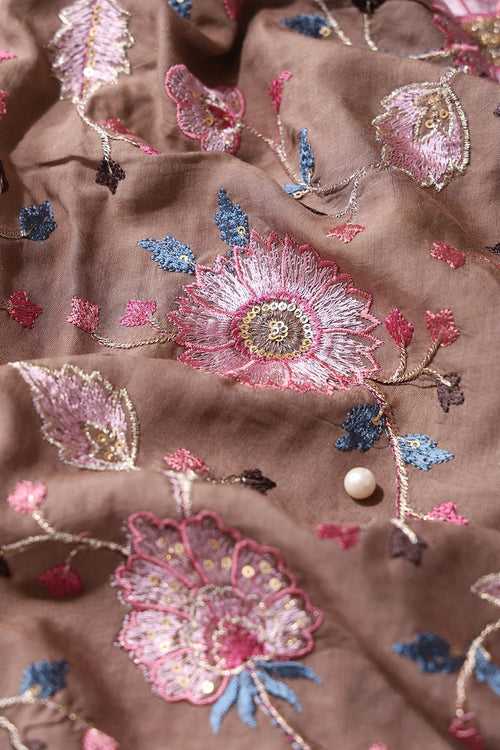 Multi Thread Beautiful Floral Embroidery On Brown Muslin Silk Fabric