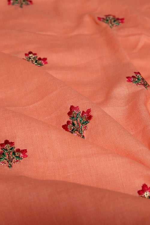 Multi Thread With Gold Sequins Floral Booti Embroidery Work On Peach Pure Cotton Fabric