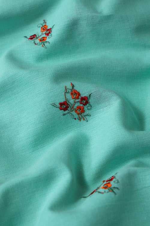 Multi Thread With Gold Sequins Floral Booti Embroidery Work On Sea Green Pure Cotton Fabric
