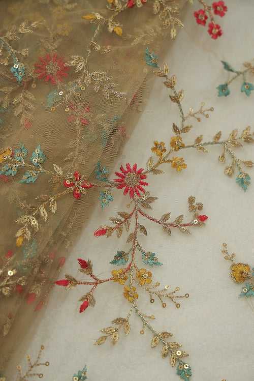 Multi Thread With Gold Sequins Floral Embroidery On Beige Soft Net Fabric