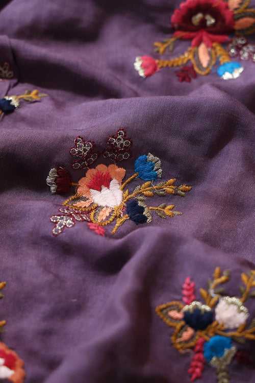 Multi Thread With Gold Zari Floral Embroidery On Purple Muslin Silk Fabric