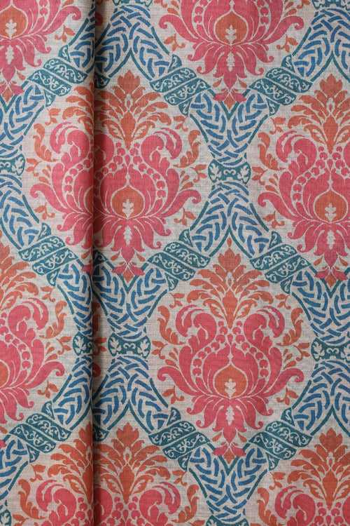 Orange And Blue Ogee Pattern Digital Print On Mulberry Silk Fabric