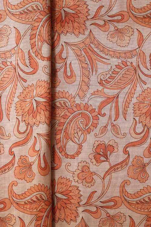 Orange Paisley Pattern Digital Print On Mulberry Silk Fabric