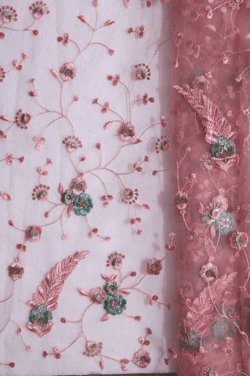 Pink And Olive Thread With Gold Zari Floral Embroidery On Pink Soft Net Fabric