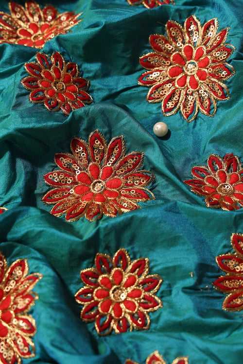 Red Thread With Gold Sequins Floral Butta Embroidery On Rama Paper Silk Fabric