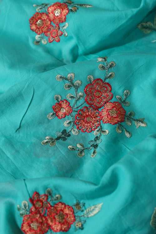 Red Thread With Gold Sequins Floral Embroidery On Turquoise Muslin Silk Fabric