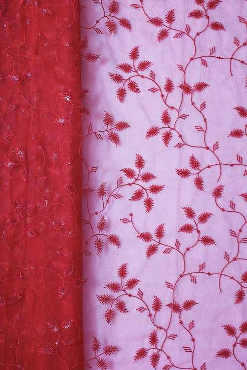 Red Thread With Water Sequins Beautiful Leafy Embroidery On Red Soft Net Fabric