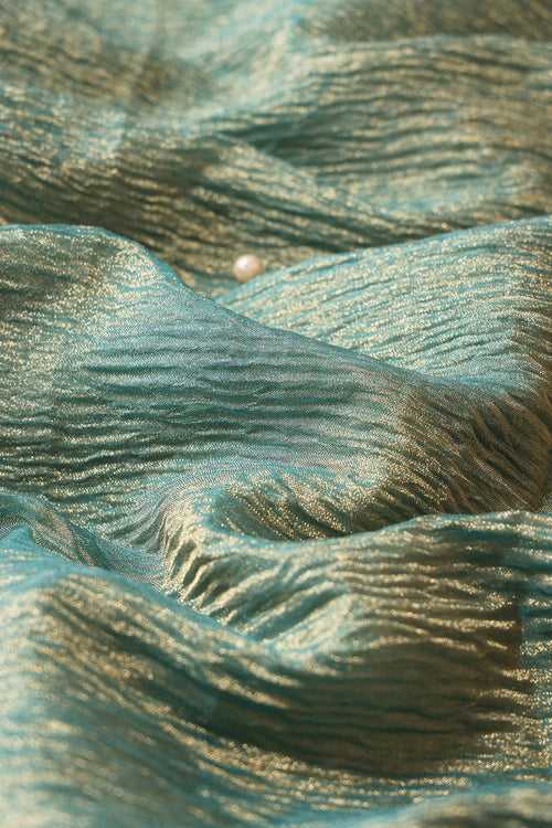Teal Banarasi Zari Crush Tissue Fabric (Width 44)
