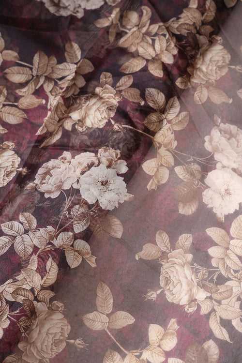 White And Brown Floral Digital Print On Dark Wine Organza Fabric