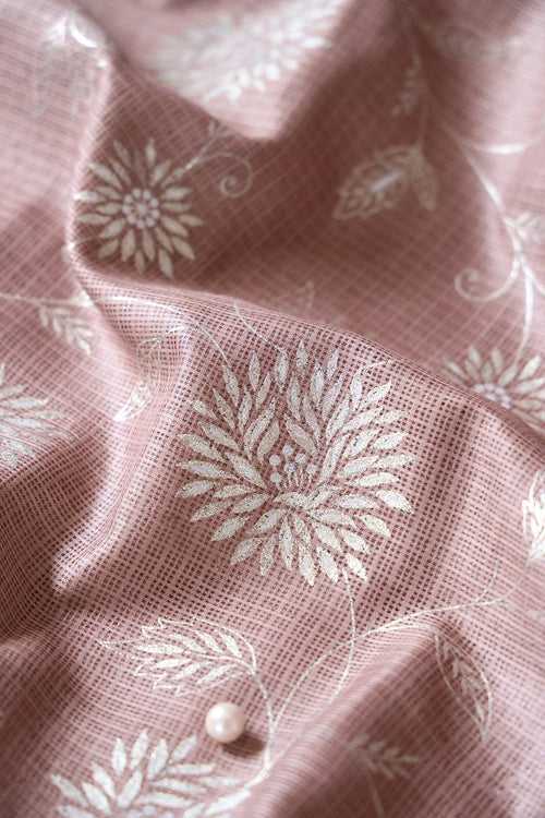 White And Brown Floral Foil Print Kota Doria Net Fabric