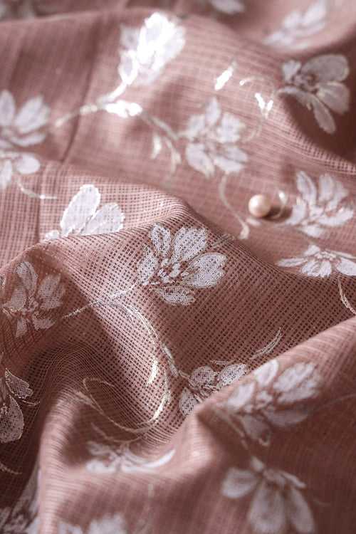 White And Light Brown Floral Foil Print Kota Doria Net Fabric