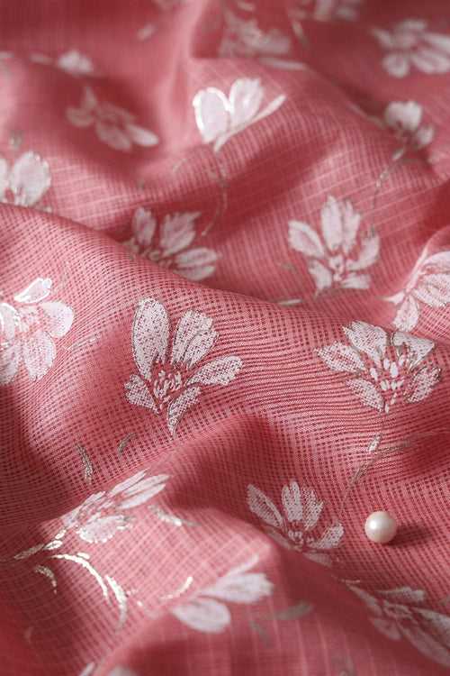 White And Peach Floral Foil Print Kota Doria Net Fabric