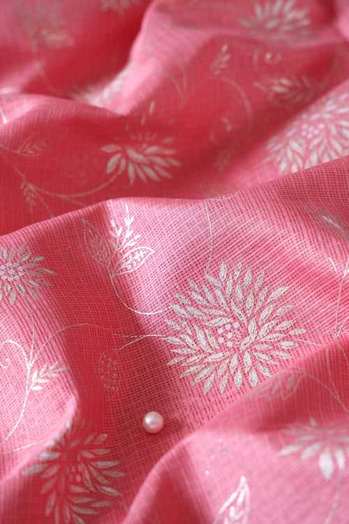 White And Pink Floral Foil Print Kota Doria Net Fabric