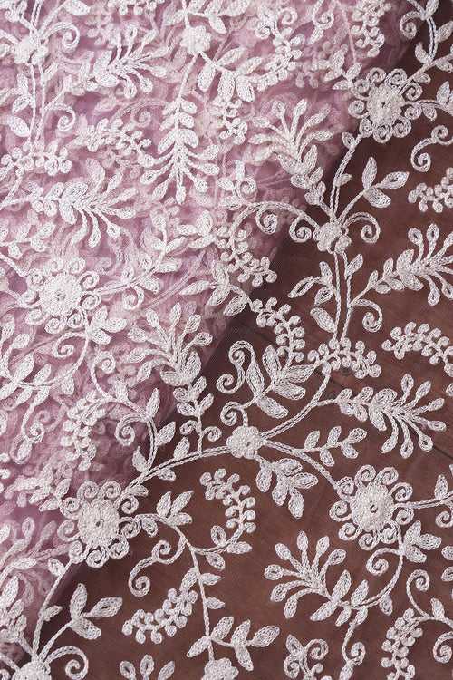 White Thread Beautiful Heavy Floral Embroidery On Lilac Purple Soft Net Fabric