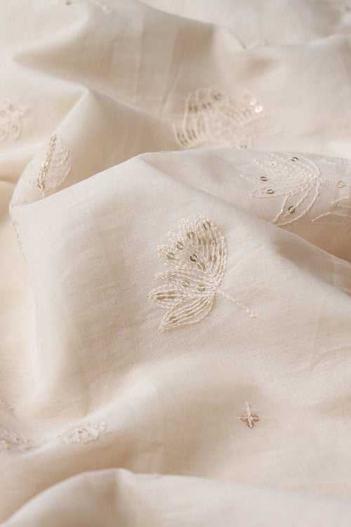 White Thread With Gold Sequins Floral Embroidery Work On Off White Organic Cotton Fabric
