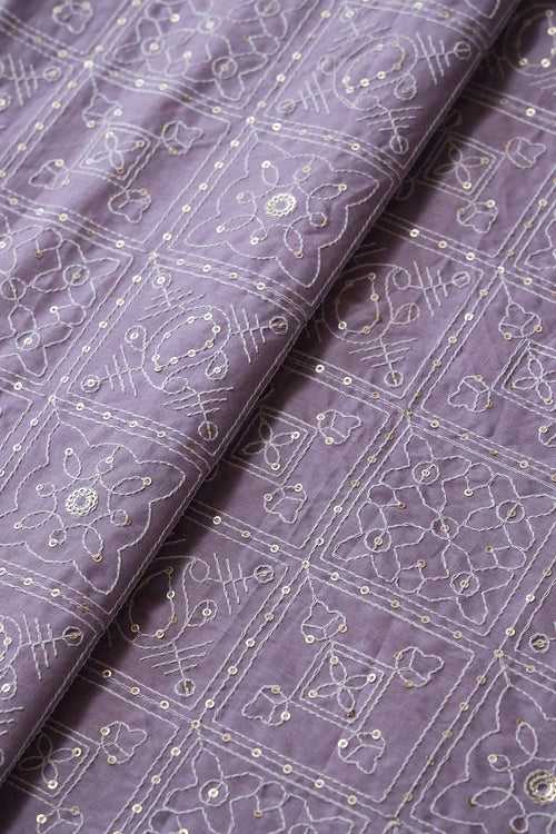 White Thread With Gold Sequins Geometric Embroidery Work On Gray Purple Organic Cotton Fabric