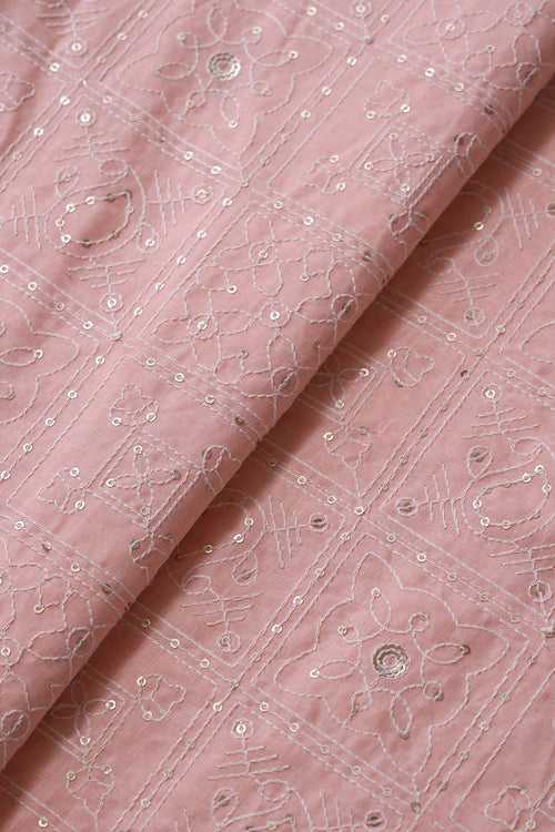 White Thread With Gold Sequins Geometric Embroidery Work On Light Peach Organic Cotton Fabric
