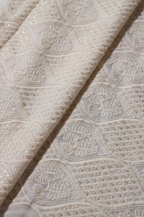 White Thread With Sequins Ogee Lucknowi Embroidery On Dyeable Pure Viscose Georgette Fabric With Border