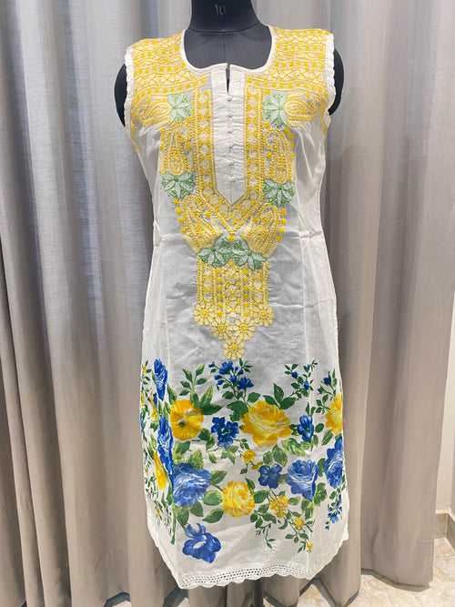 Veersons Chikankari Cotton Kurta with Prints and Yellow Thread-work and Prints