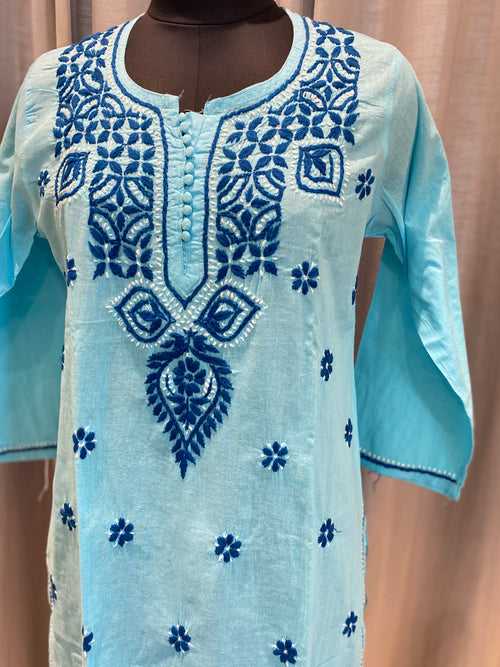 Veersons Chikankari Cotton Kurta with Blue Thread-work