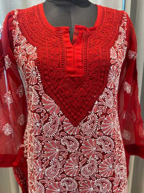Veersons Chikankari Hand-Embroidered Red Georgette Lucknowi Chikankari Kurti