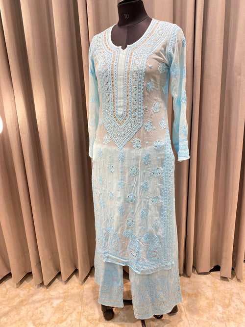 Veersons Chikankari Hand-Embroidered Kurta Set with Moquish work