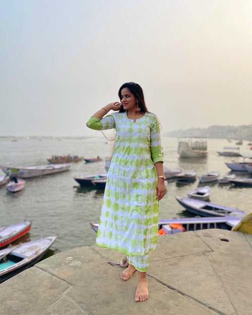 Veersons Chikankari Tye and Dye Kurta and Pants Lucknowi Chikankari Set