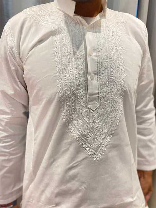 Veersons Chikankari White Cotton Kurta Pyjama Set