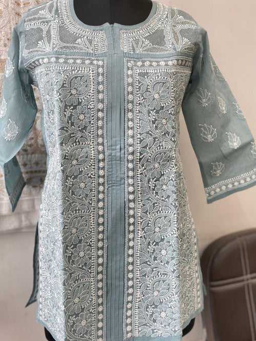 Veersons Chikankari Hand-Embroidered Haath ki Jaali Grey Lucknowi Chikankari Short Top