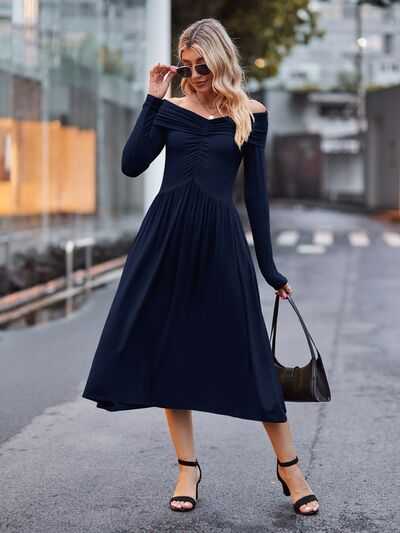 Rachael Off-Shoulder Midi Dress - Navy