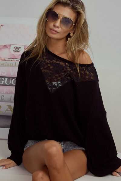 Leone Lace Ribbed Long Sleeve Top - Black