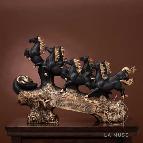 The Auspicious Herculean - 7 Horses Table Showpiece - Black