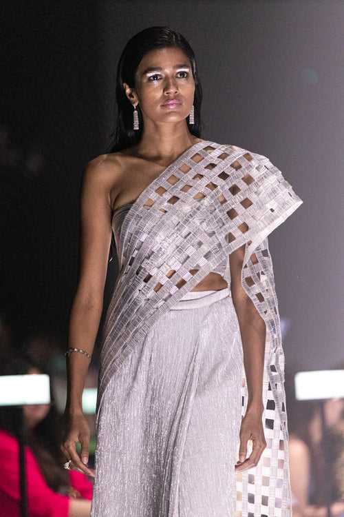 Grid Cutout Sari with Metallic Cord Bustier