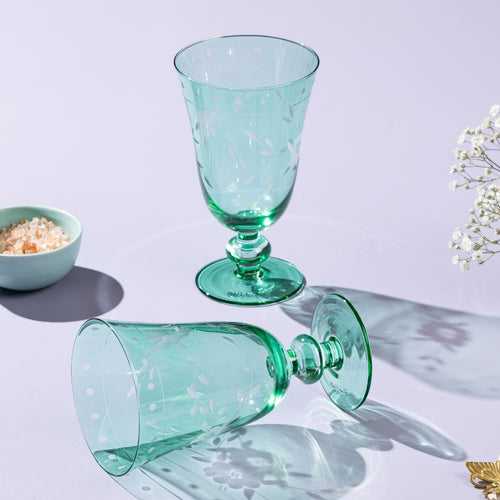 Orson Etched Green Crystal Glass Set  - Set of 2