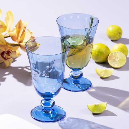 Orson Etched Blue Crystal Glass Set  - Set of 2