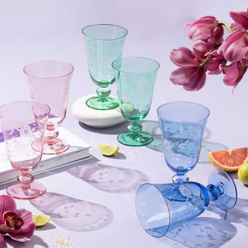 Assorted Etched Crystal Glass Set- Set of 6