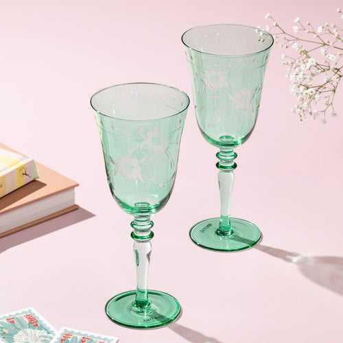 Cyril Etched Green Crystal Glass Set - Set of 2