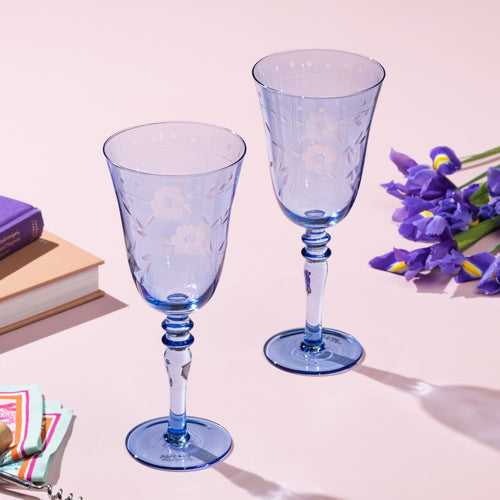 Cyril Etched Blue Crystal Glass Set - Set of 2