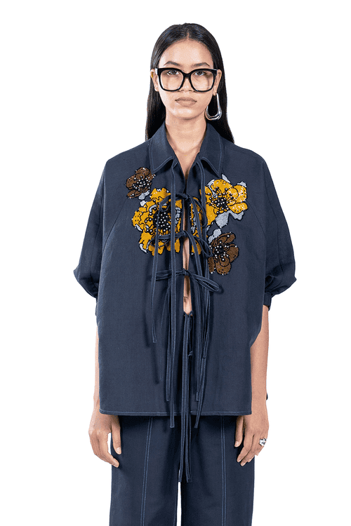 FLORA HAND EMBROIDERED TIE-UP SHIRT