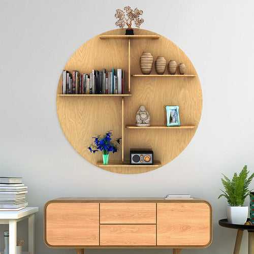 Circle Shape Backlit Designer Wooden Wall Shelf / Book Shelf / Night Light, Oak Finish