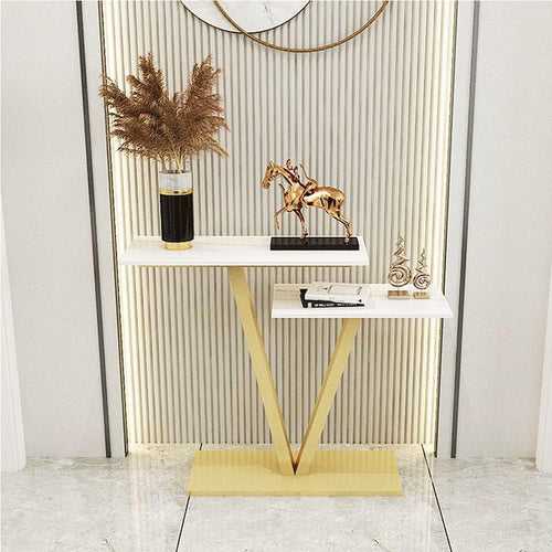 Contemporary 2 Tier White Marble Golden Console Table