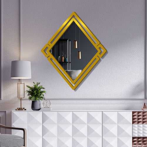 Designer Geometrical Squre Shape Golden Finish Wooden Vanity Mirror