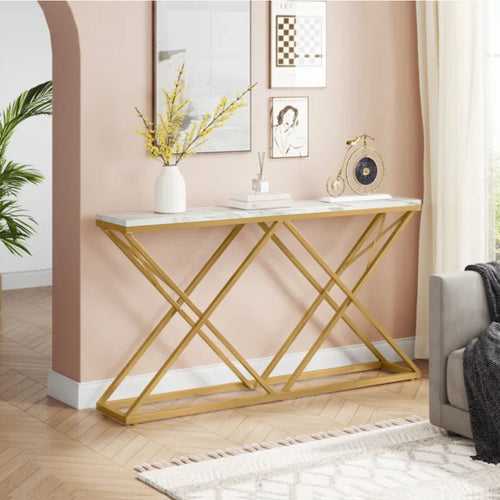 Golden Criss Cross Pattern Rectangular Shaped Designer Console Table