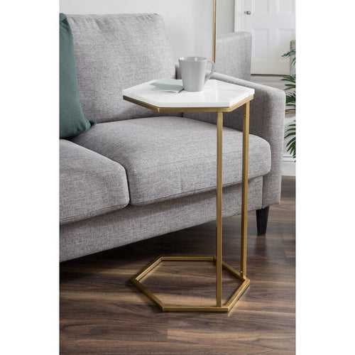 Hexagon Shape Marble Top Golden Stand Side Table