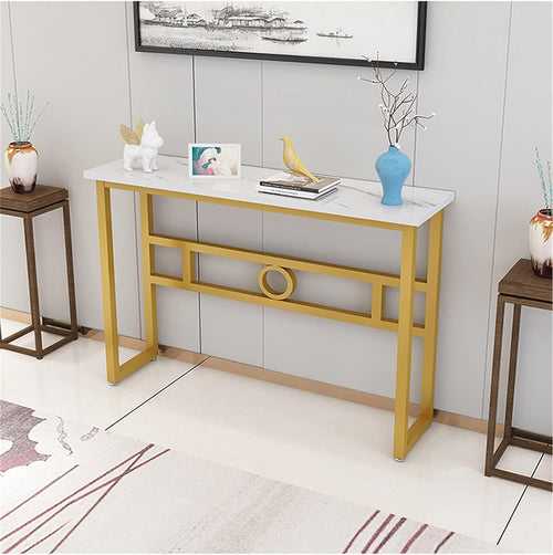 Long Narrow White Gold Marble Console Table