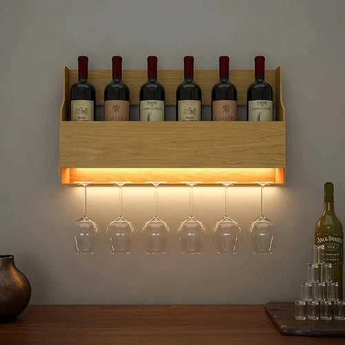 Minimalist Design Backlit MDF Wall Mounted Mini Bar Shelf in Light Oak Finish