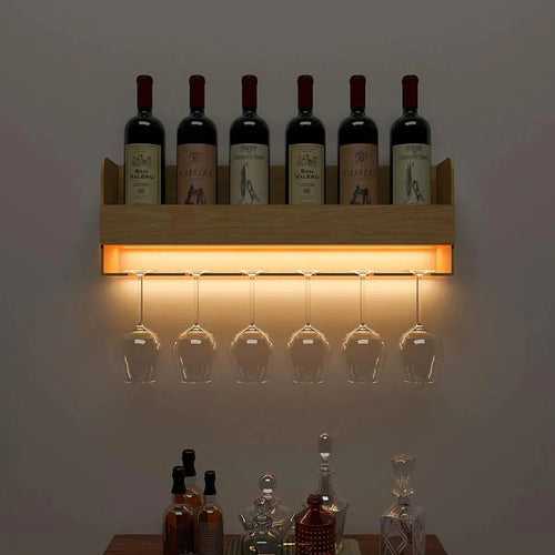 Minimalistic Design Backlit Wall Mounted Mini Bar Shelf in Light Oak Finish